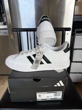 adidas Grand Court 2.0 White Sneakers with Black Stripes